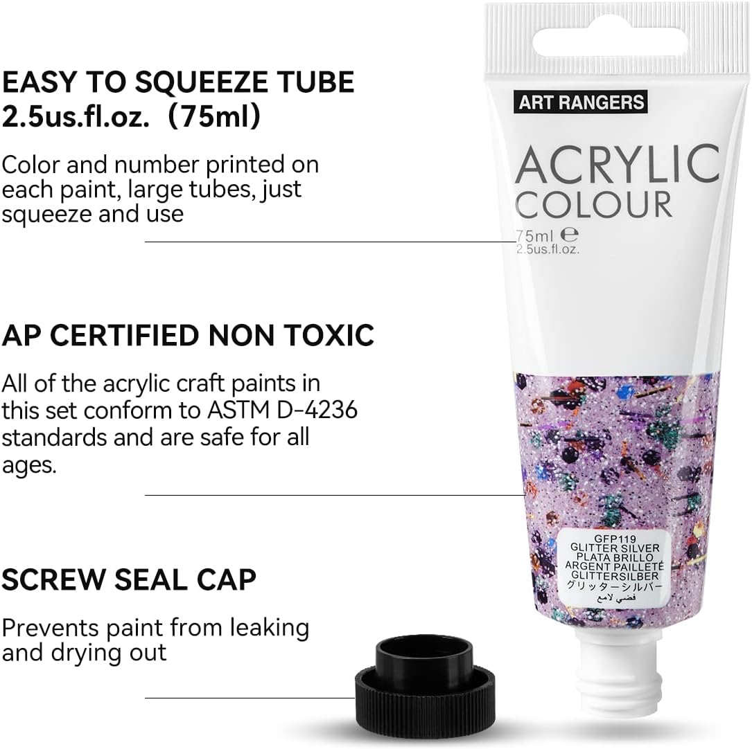 6 Tubes Acrylic Glitter Colors Set 75 ml - Art rangers