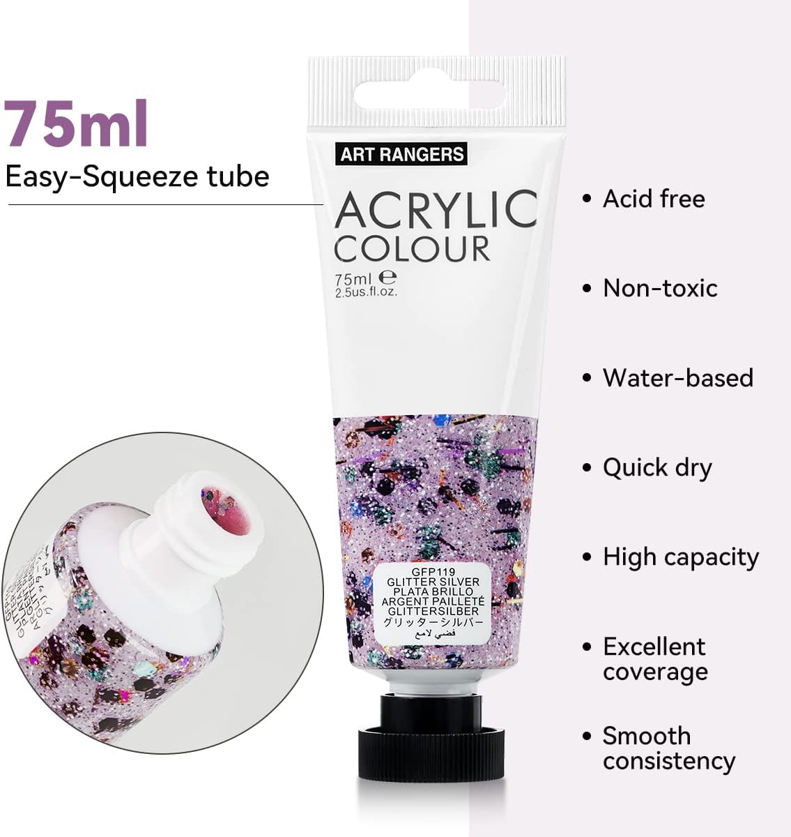 6 Tubes Acrylic Glitter Colors Set 75 ml - Art rangers