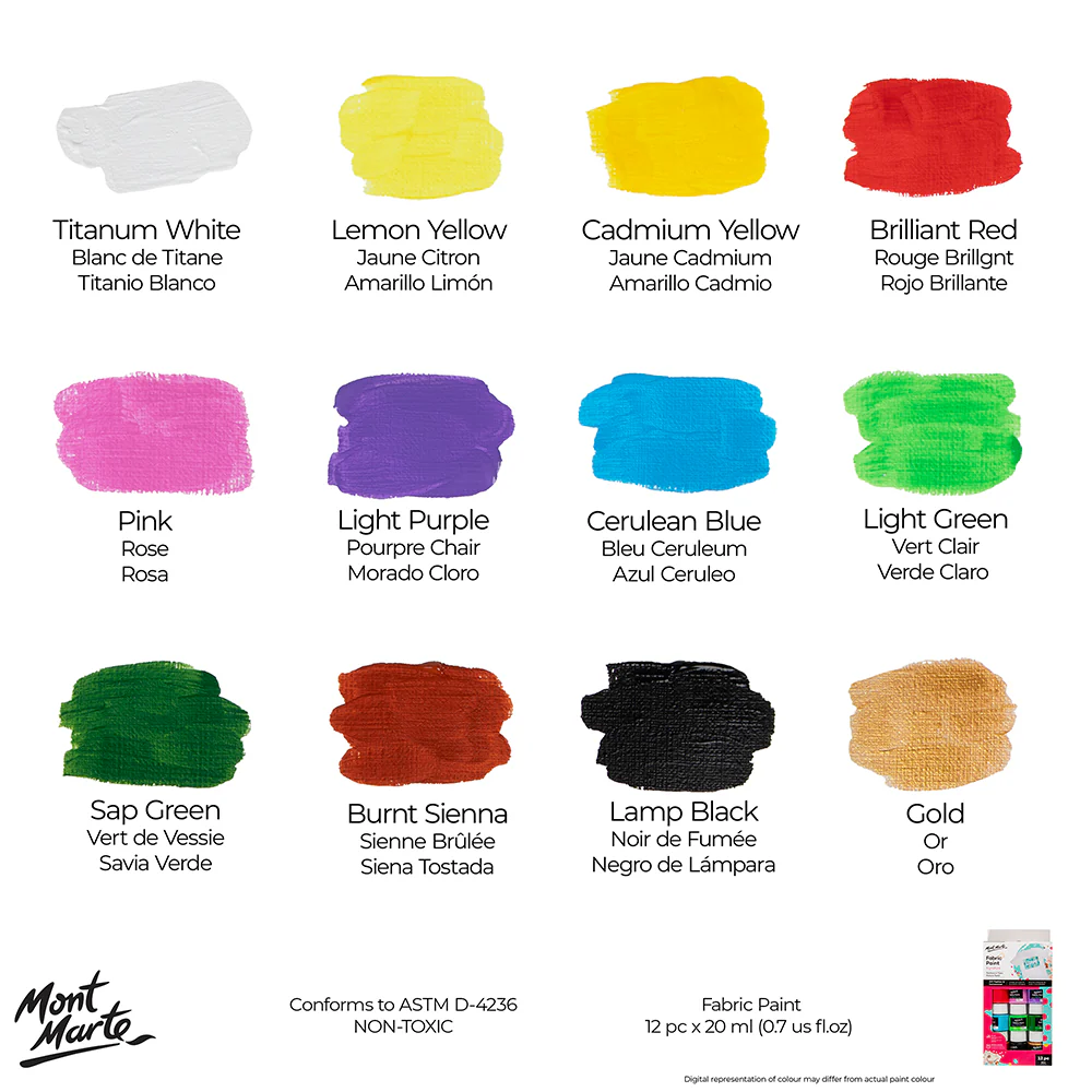 12pc Fabric Paint 20ml  - Mont Marte