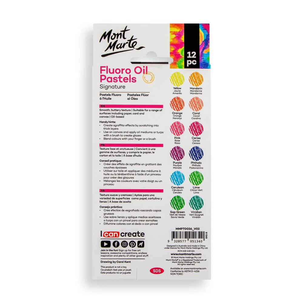 12pc Fluoro Oil Pastels - Mont Marte