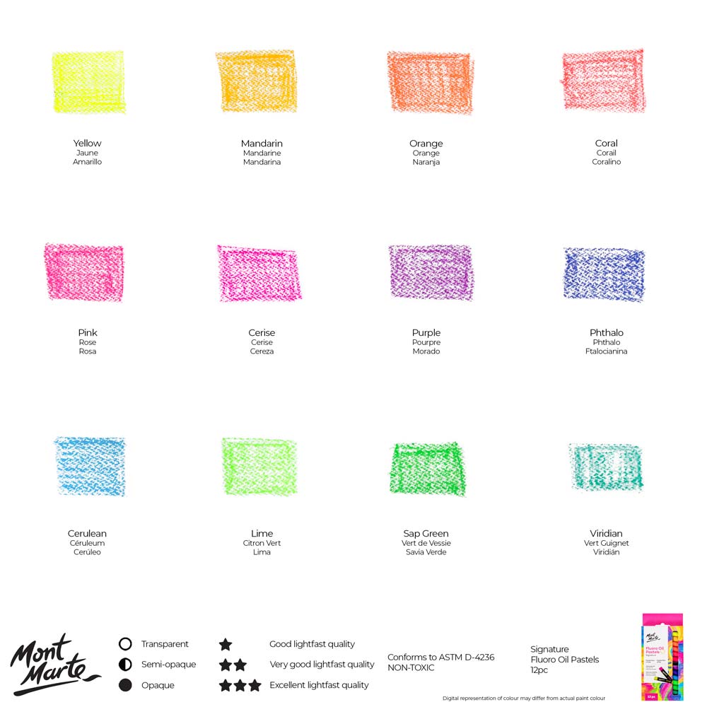12pc Fluoro Oil Pastels - Mont Marte