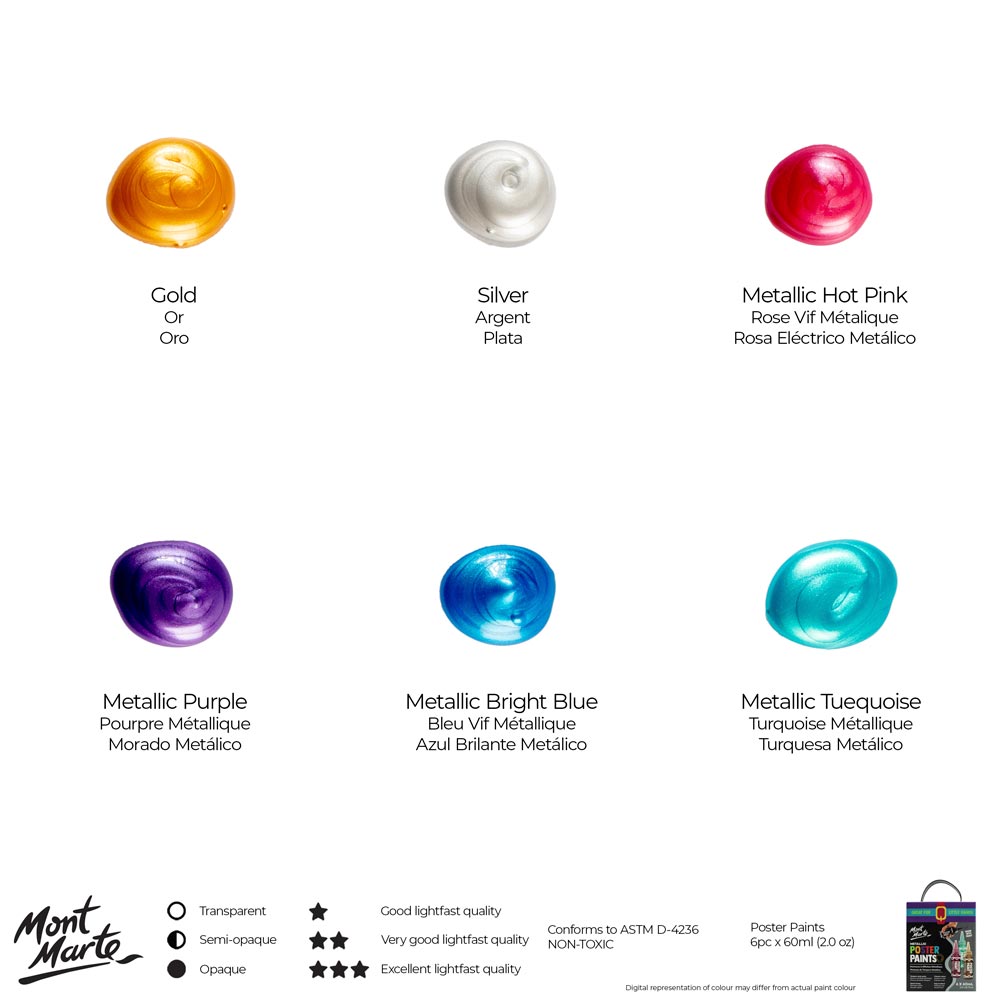 6pc Metallic Poster Paints 60ml - Mont Marte